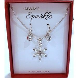 NEW SET Crystals Snowflake Sparkling Pendant Necklace Dangle Earrings Silver